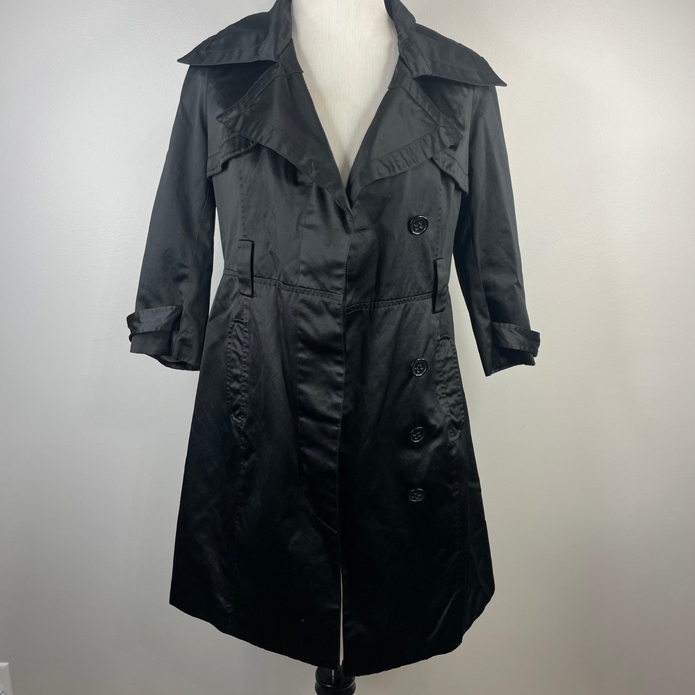 Bebe Womens Black‎ Double Breasted Trench Coat Satin Finish Size S Y2K